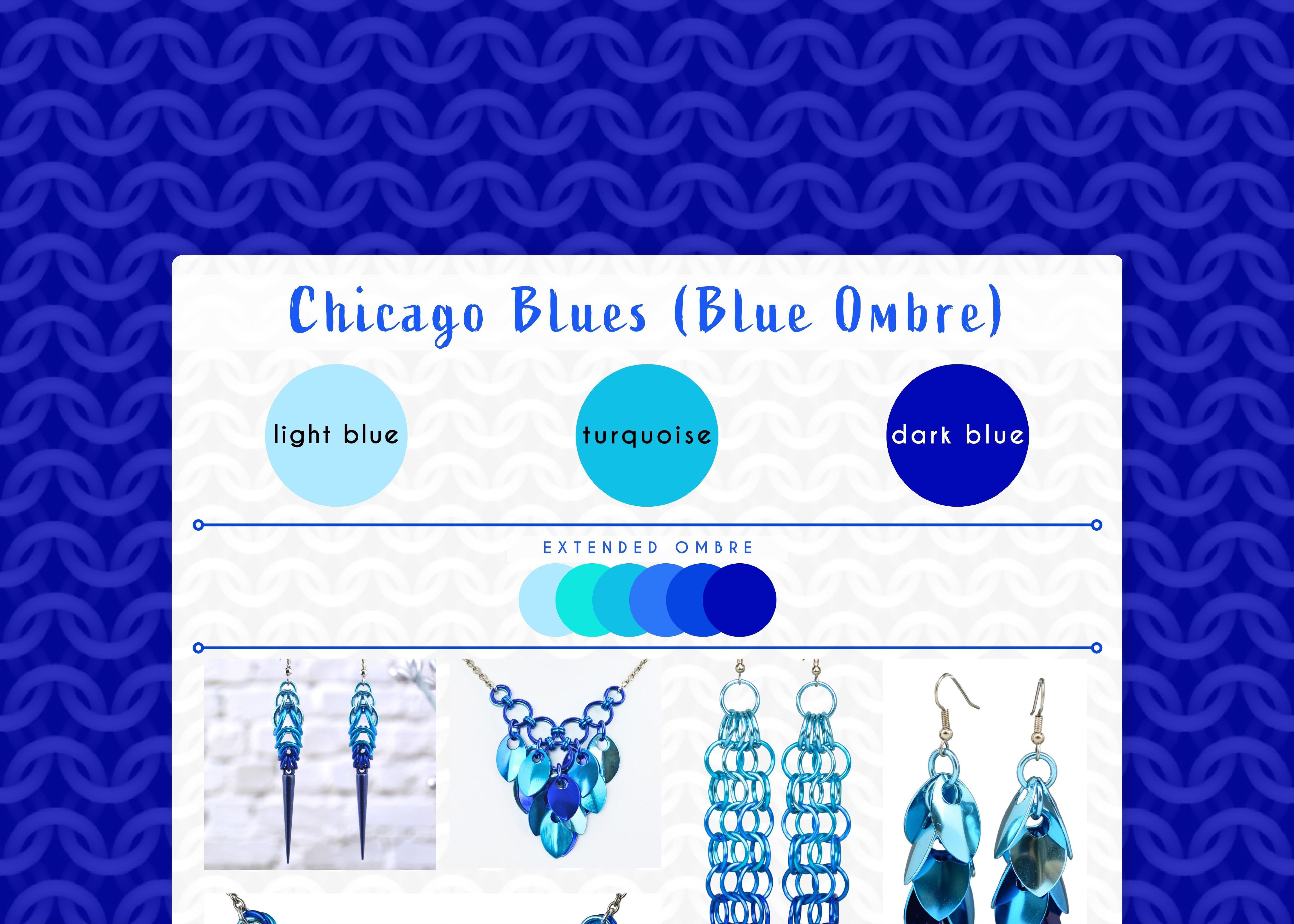 Chicago blues color palette graphic with light blue, turquoise and dark blue swatches. The graphic is framed with a vibrant blue cgi chainmaille mesh design