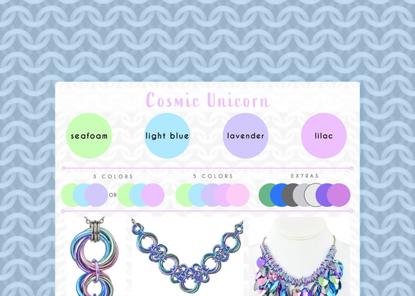 Cosmic Unicorn color palette graphic with seafoam, light blue and lilac swatches. The graphic is framed with a light blue cgi chainmaille mesh design