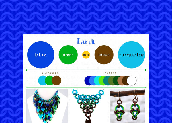 Earth color palette graphic with blue, turquoise, green, brown and gold swatches. The graphic is framed with a blue cgi chainmaille mesh design