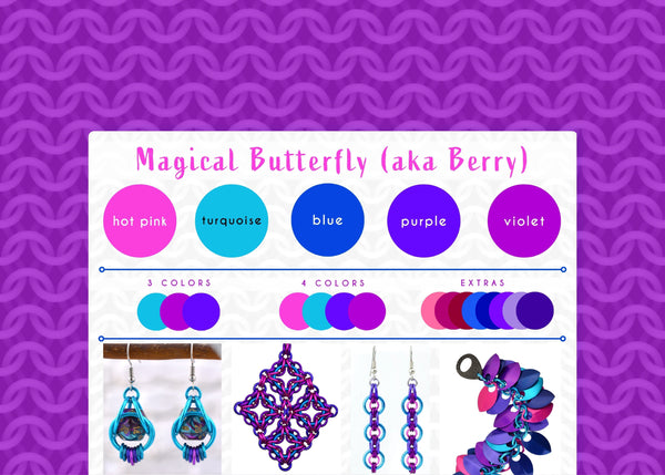 Magical Butterfly color palette graphic with hot pink, turquoise, blue, purple and violet swatche. The graphic is framed with a bright violet cgi chainmaille mesh design