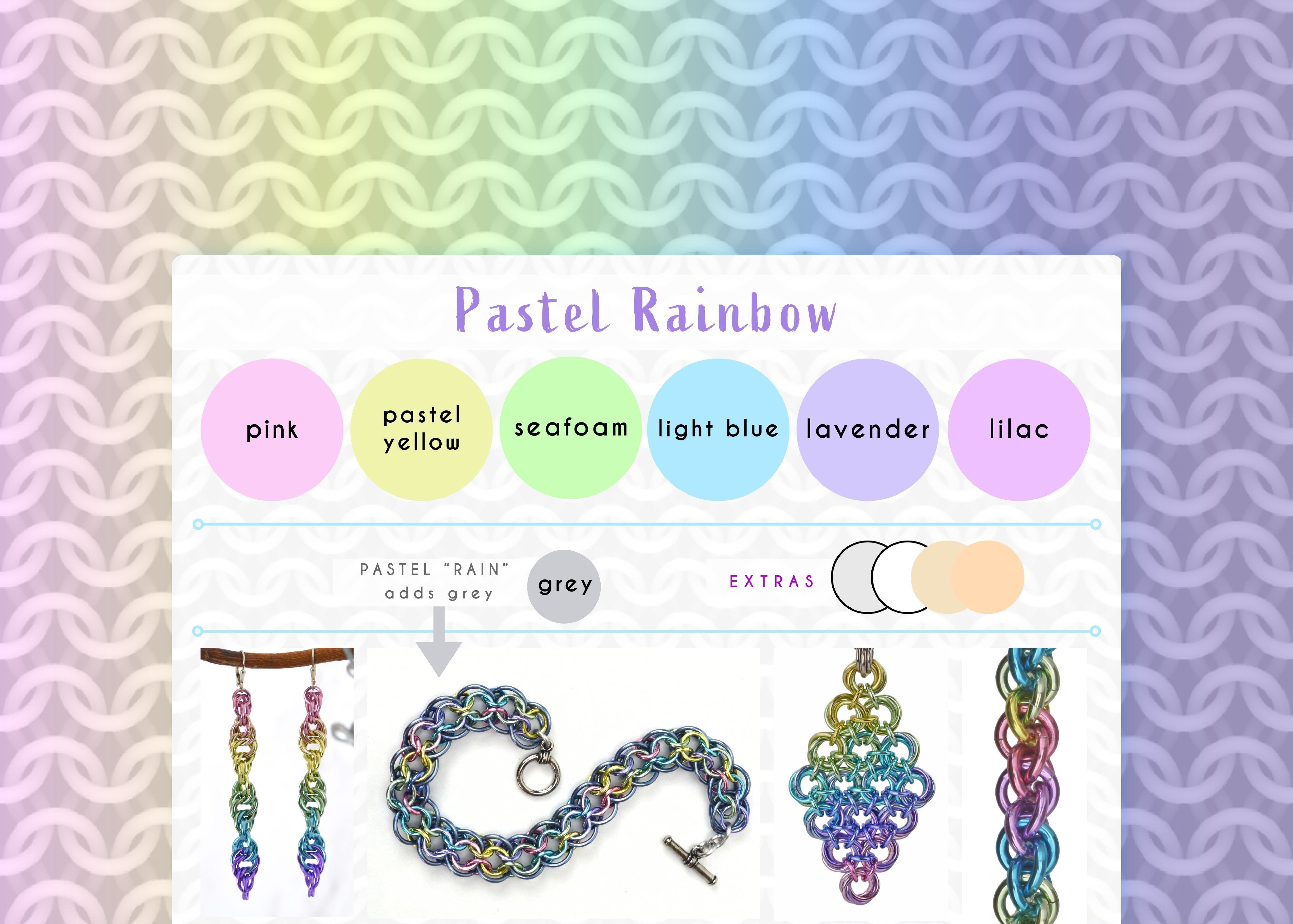 Pastel Rainbow color palette graphic from Rebeca Mojica Jewelry with pink, pastel yellow, seafoam, light blue, lavender and lilac swatches. The graphic is framed with a matching pastel ombre cgi chainmaille mesh design