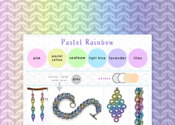 Pastel Rainbow color palette graphic from Rebeca Mojica Jewelry with pink, pastel yellow, seafoam, light blue, lavender and lilac swatches. The graphic is framed with a matching pastel ombre cgi chainmaille mesh design