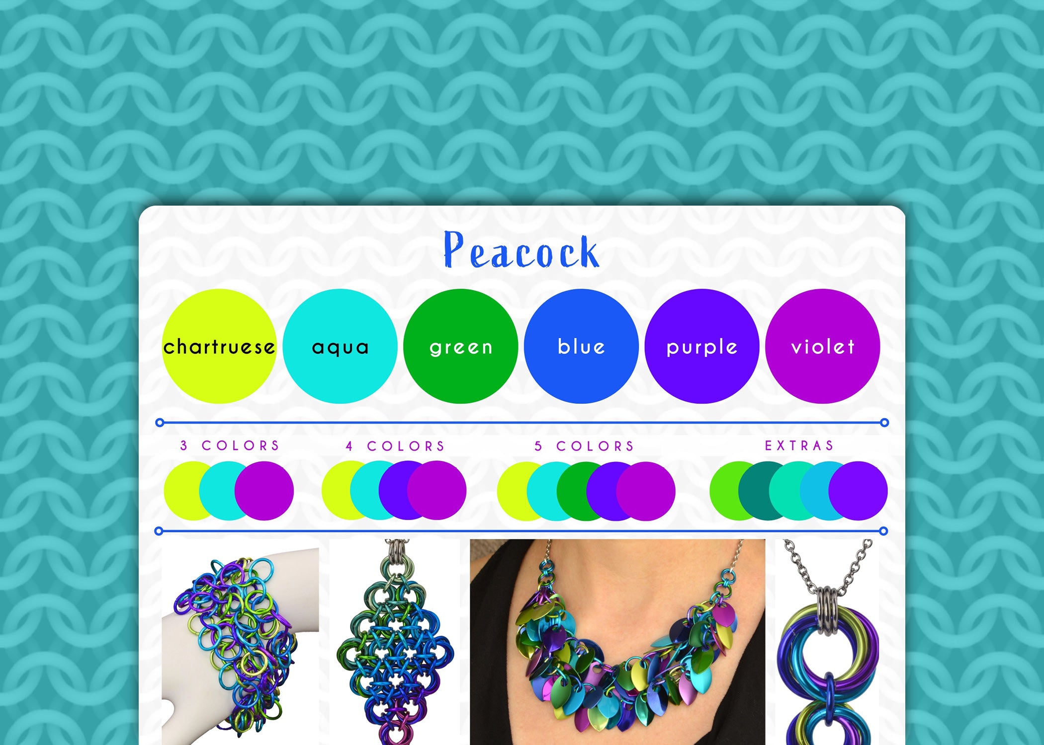 Peacock color palette graphic with chartreuse, aqua, green, blue, purple and violet. The graphic is framed with an aqua cgi chainmaille design