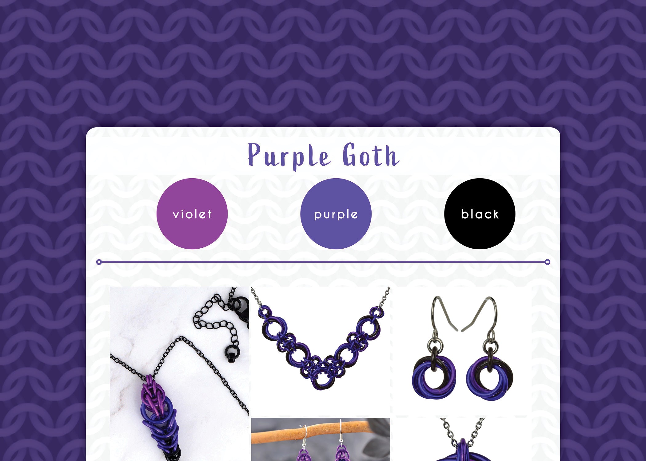 Purple Goth color palette graphic with violet (reddish), purple (blueish) and black. Bottom section displays a collage of chainmaille jewelry pieces made in this palette. The graphic is framed with a dark purple cgi chainmaille design