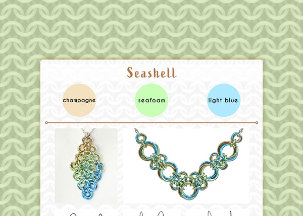Seashell color palette graphic by Rebeca Mojica with champagne, seafoam and light blue swatches. The graphic is framed with an seafoam cgi chainmaille mesh design. Beneath the swatches are images of chainmaille jewelry made in this palette