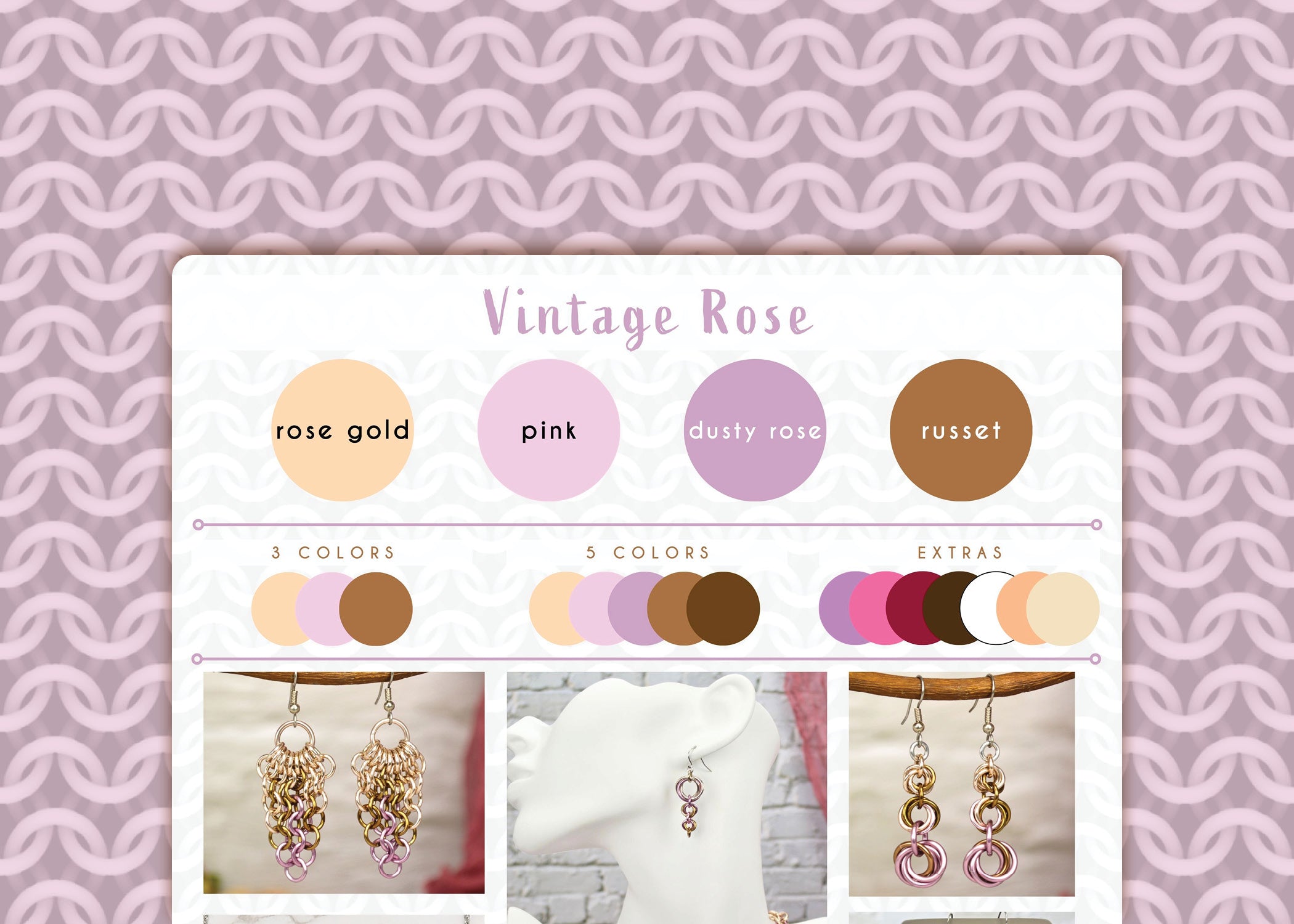 Vintage Rose color palette graphic with rose gold, pink, dusty rose and russet. The graphic is framed with a light pink cgi chainmaille design