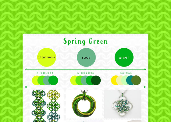 spring green color palette graphic with chartruese, sage and green swatches. The graphic is framed with a bright green cgi chainmaille mesh design