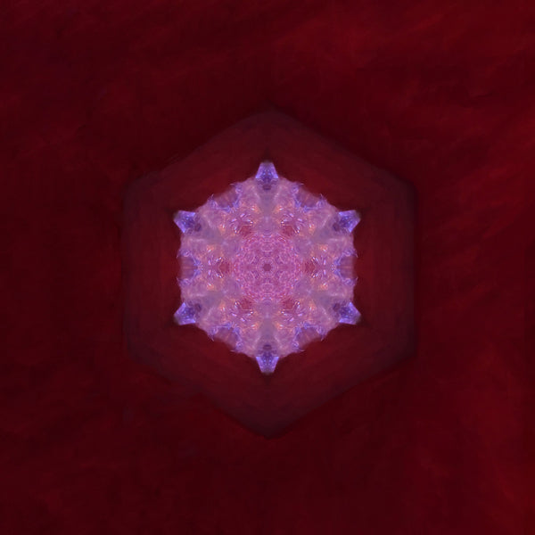A smaller, glowing lilac and violet hexagonal mandala with a crinkled, translucent texture, centered within a dark red, vignette-style background.