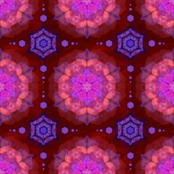 A digital pattern tile featuring a large magenta mandala in the center, flanked by smaller violet mandalas and geometric accents, all set against a deep red background