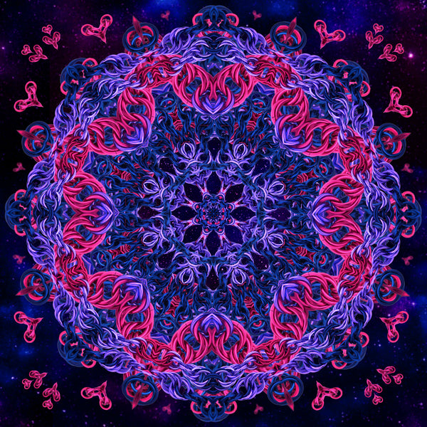 he full, finished Bisexual Pride Mandala. A massive, circular arrangement of shockingly bright pink, dark blue and vivid lilac chainmaille textures forms a radiant star shape, surrounded by floating heart-shaped links on a dark nebula background