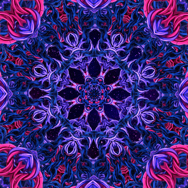 A detailed close-up of the center of a digital mandala. It features intricate, interlocking helix-weave chainmaille patterns in neon pink and deep blue, set against a dark, starry outer-space background.