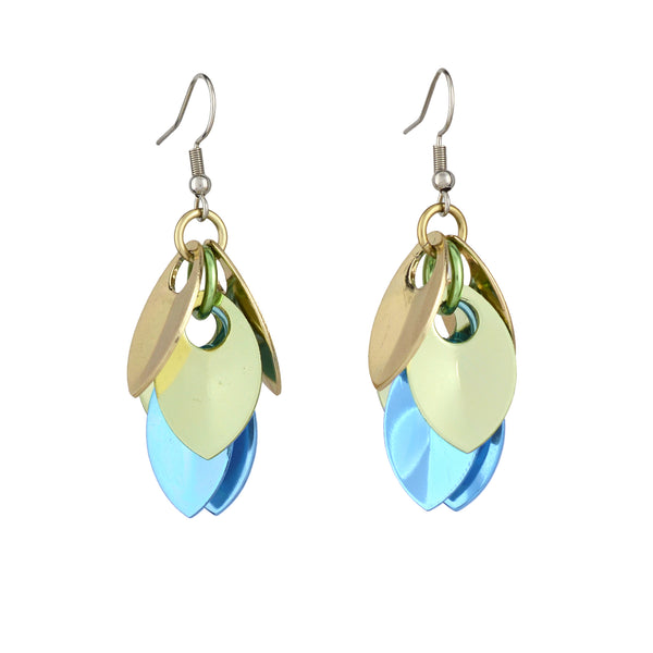 Product shot short cascading leaves ombre aluminum earrings displayed on a clean white background, showcasing their unique "leaf" design and gentle curve. Top pair of leaves are champagne, middle pair are seafoam and bottom are light blue.