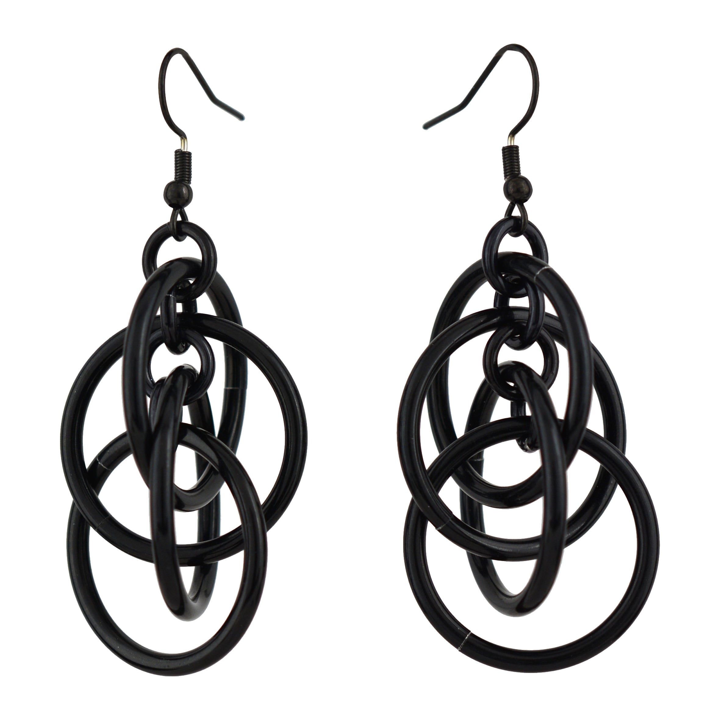 Product shot of a pair of black intertwined hoop chainmaille earrings on black earwire  isolated against a clean white background. This photo clearly shows the full design and shape of the earrings.