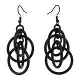 Product shot of a pair of black intertwined hoop chainmaille earrings on black earwire  isolated against a clean white background. This photo clearly shows the full design and shape of the earrings.