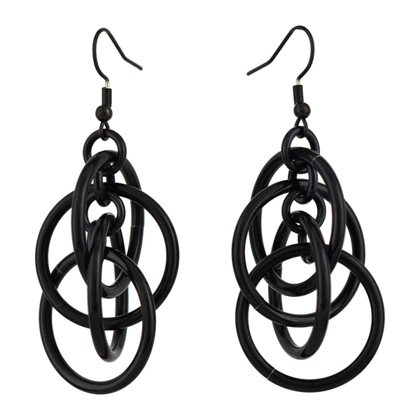 Product shot of a pair of black intertwined hoop chainmaille earrings on black earwire  isolated against a clean white background. This photo clearly shows the full design and shape of the earrings.