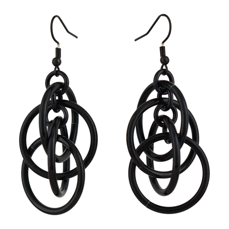 Product shot of a pair of black intertwined hoop chainmaille earrings on black earwire  isolated against a clean white background. This photo clearly shows the full design and shape of the earrings.