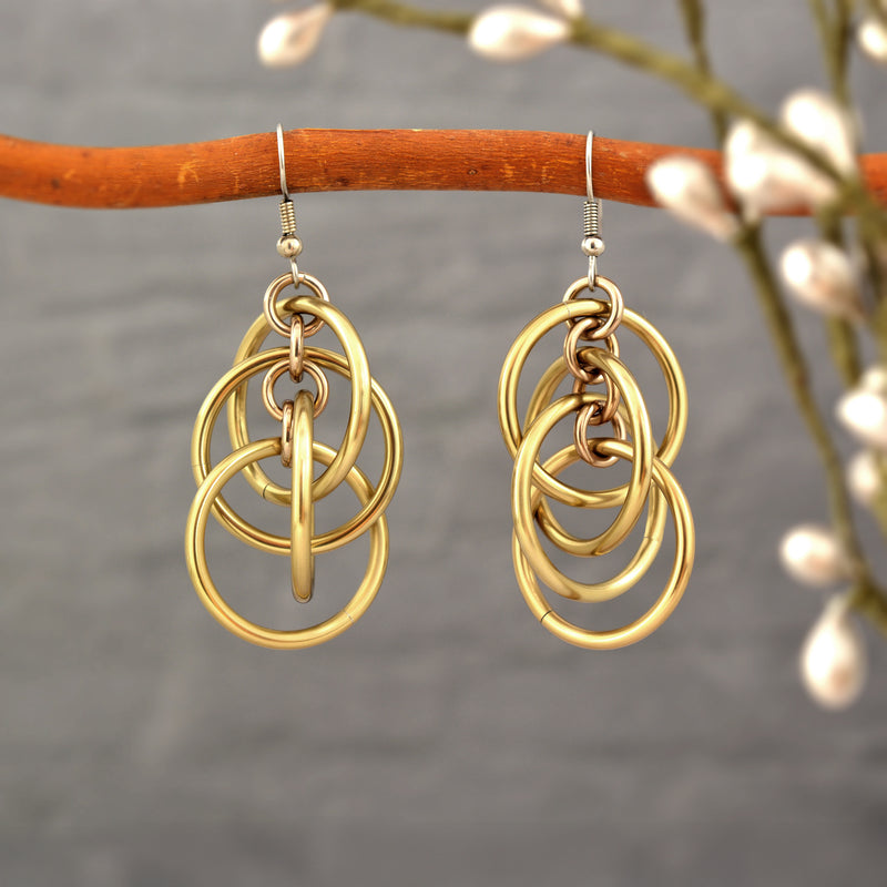 Champagne-colored intertwined hoop chainmaille earrings hanging from a wooden branch, with white flowers and a blurred gray background.
