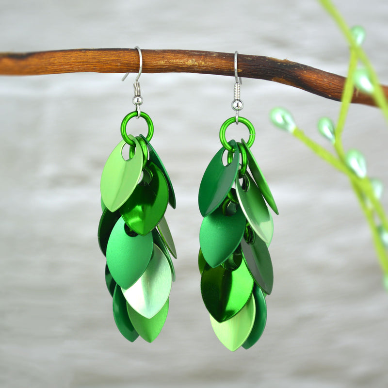 RESERVED: Cascading Leaves Long Earrings - Shades of Green