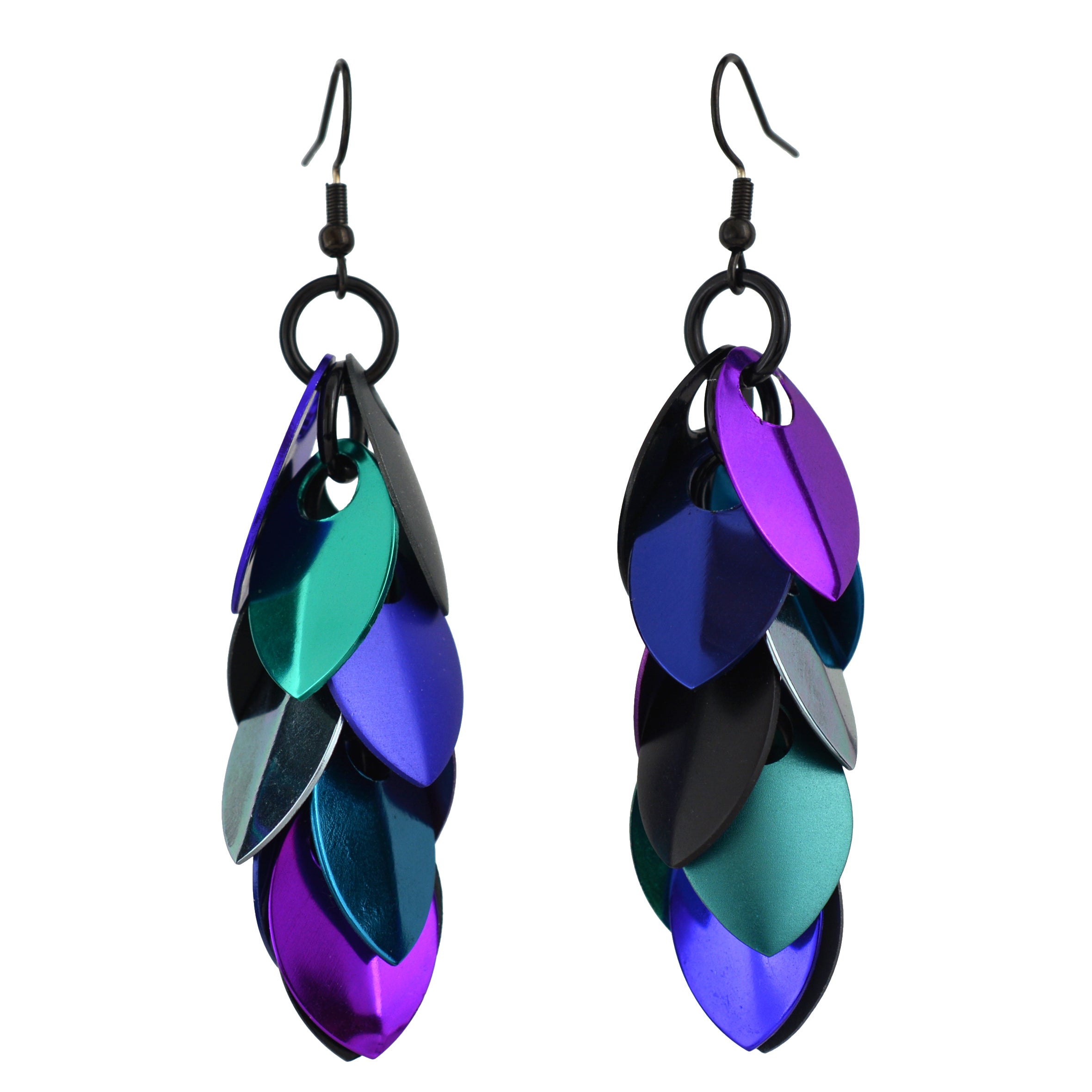 A pair of Rebeca Mojica's long, cascading chainmail scale earrings in purple, blue, teal, and black, displayed against a plain white background, showing a slightly different angle of the scales.
