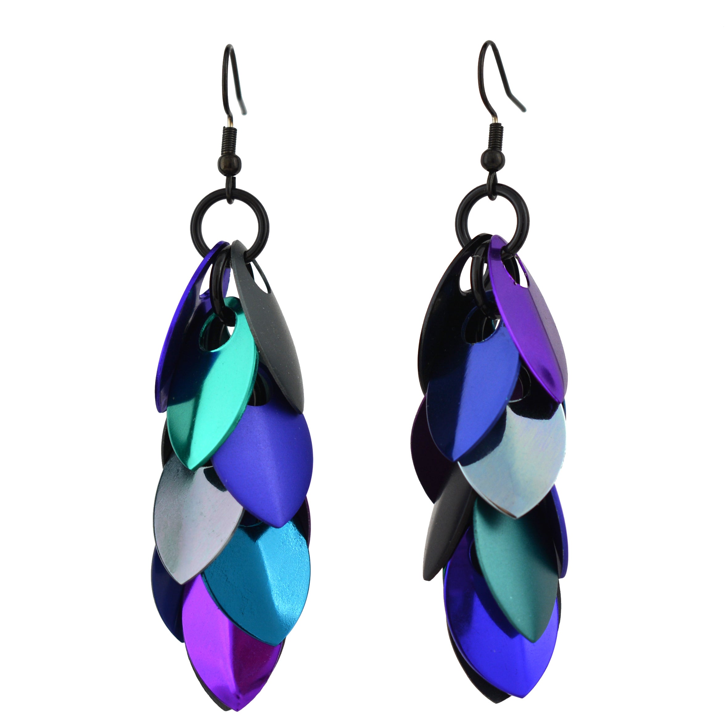 A front-facing view of a pair of Rebeca Mojica's long, vibrant "Dark Mermaid" feathered scalemaille earrings, showcasing the iridescent blue, purple, and teal scales against a plain white background.
