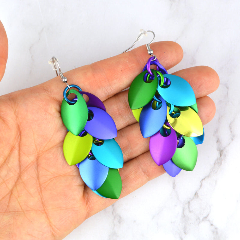 Long Feathered Earrings - Peacock