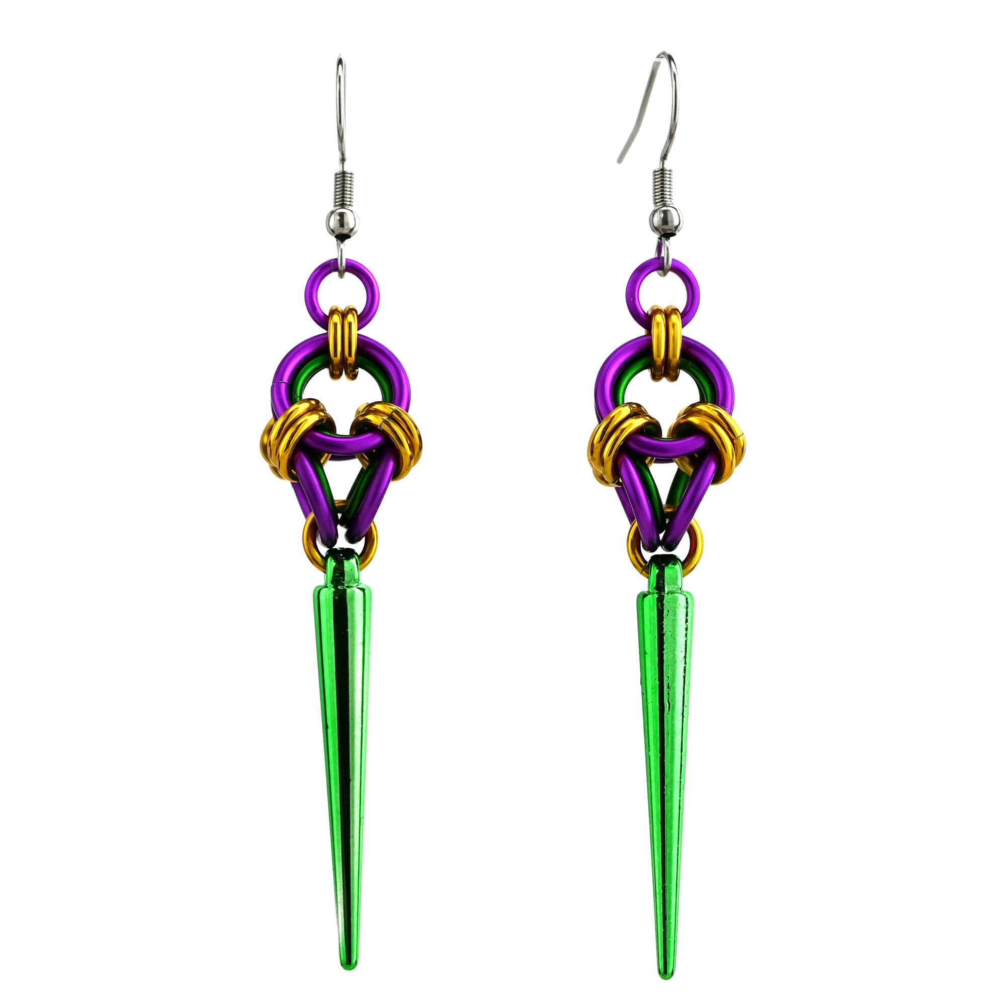 Product shot of Mardi Gras chainmaille earrings on a white background featuring silver-toned stainless steel ear wires.