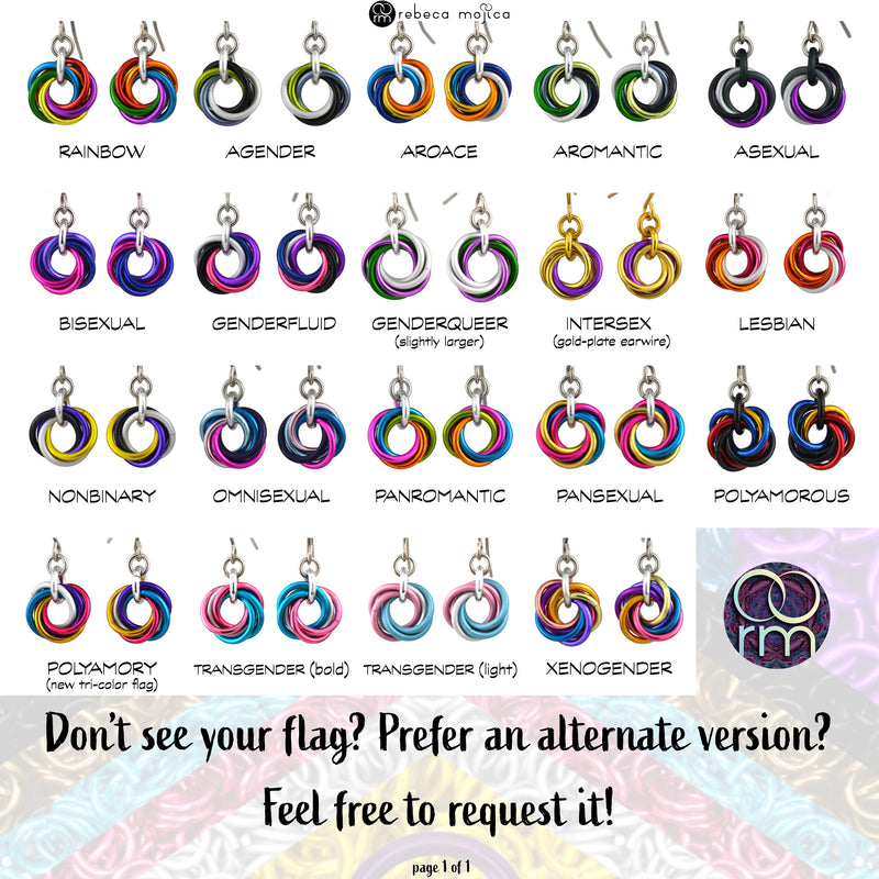 Grid of twenty Mini Knot Pride Earrings, each representing an LGBTQIA+ flag. Flags include Rainbow, Agender, Aroace, Aromantic, Asexual, Bisexual, Genderfluid, Genderqueer (slightly larger), Intersex (gold-plate), Lesbian, Nonbinary, Omnisexual, Panromantic, Pansexual, Polyamorous, Polyamory (new tri-color), Transgender (bold), Transgender (light), and Xenogender. Text: "Don't see your flag? Prefer an alternate version? Feel free to request it!" "rebeca mojica" logo at top.