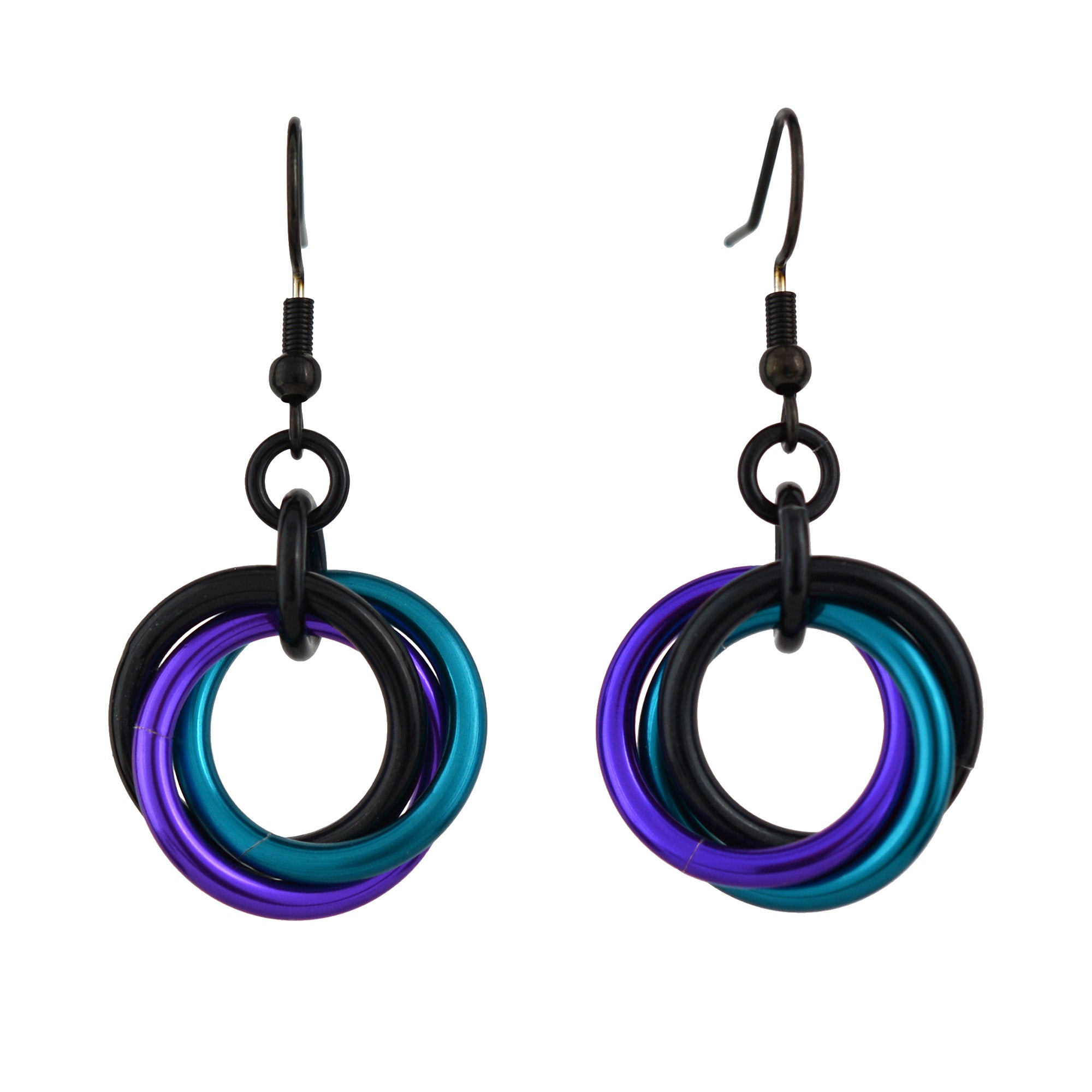 Pair of Single Knot chainmail earrings in Dark Mermaid colors with black stainless steel ear wires on a white background.
