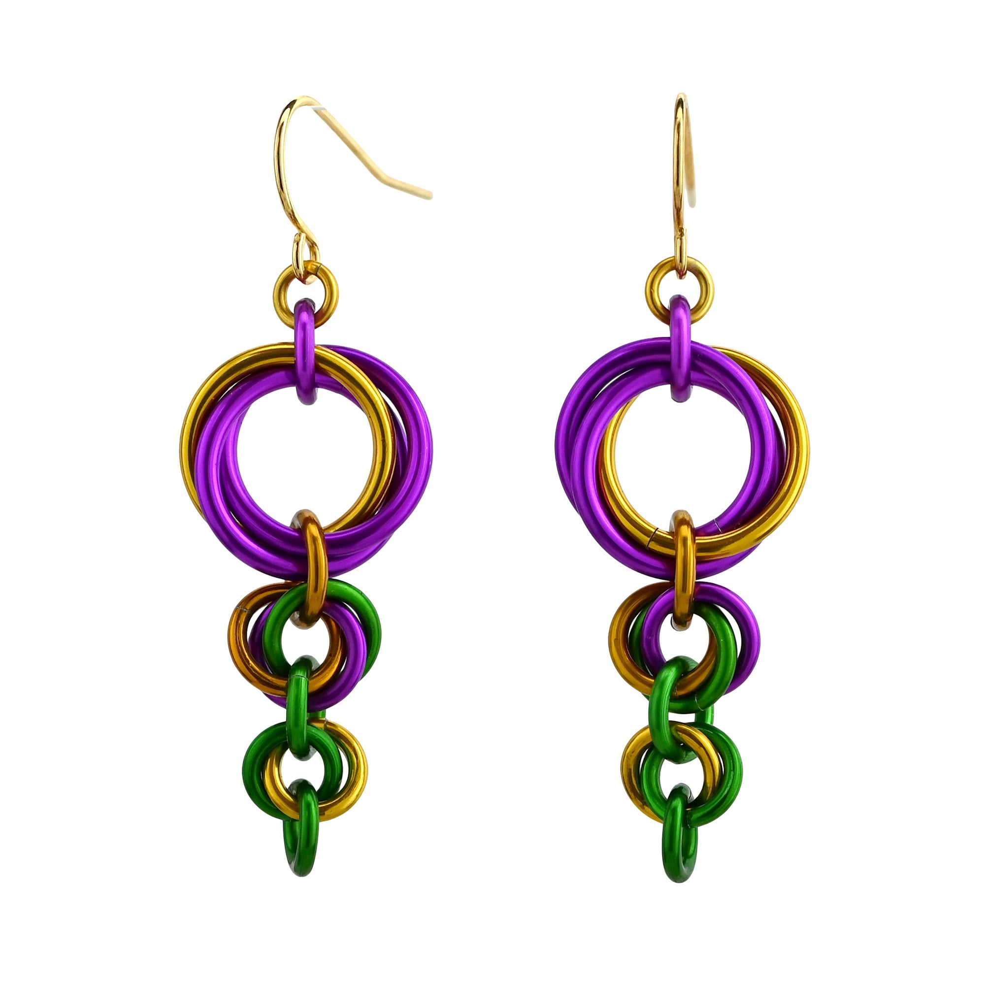 Product shot of purple, gold, and green chainmaille knot earrings with gold-toned ear wires isolated on white.