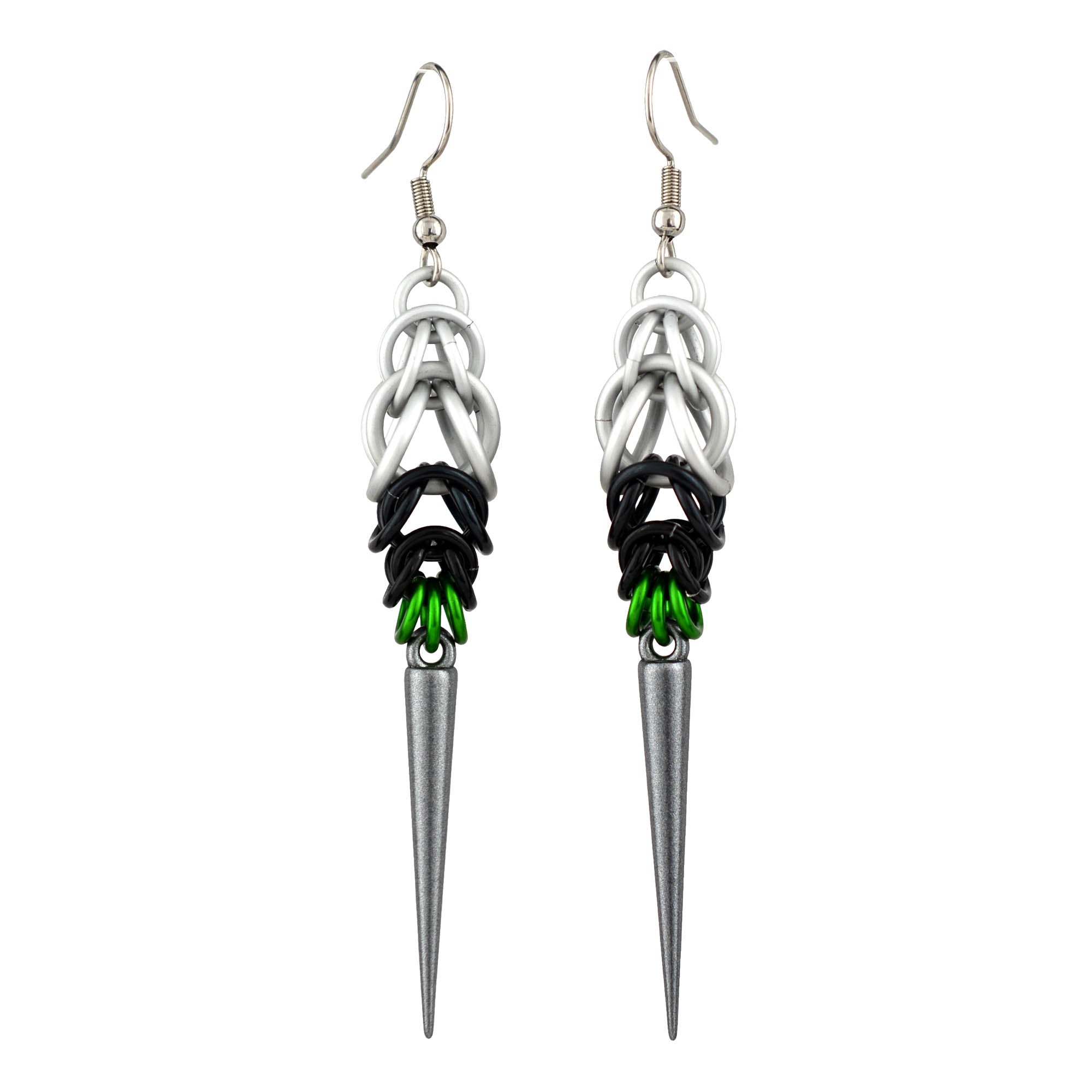 A professional product shot of the pair of Demiromantic Pride spike earrings isolated on a pure white background. The full length of the stainless steel ear wire, white, black, and green chainmaille, and dark grey acrylic spike is visible.