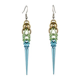 Product shot of the handmade Seashell Ombre Spike Earrings on a white background, highlighting the detailed chainmaille and the ombre color gradient.