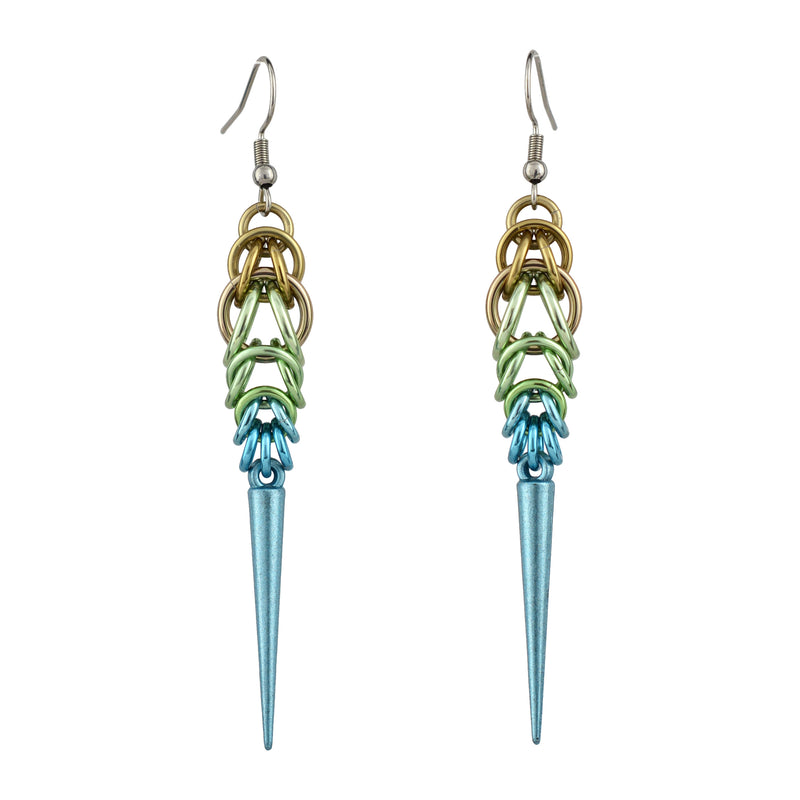 Product shot of the handmade Seashell Ombre Spike Earrings on a white background, highlighting the detailed chainmaille and the ombre color gradient.
