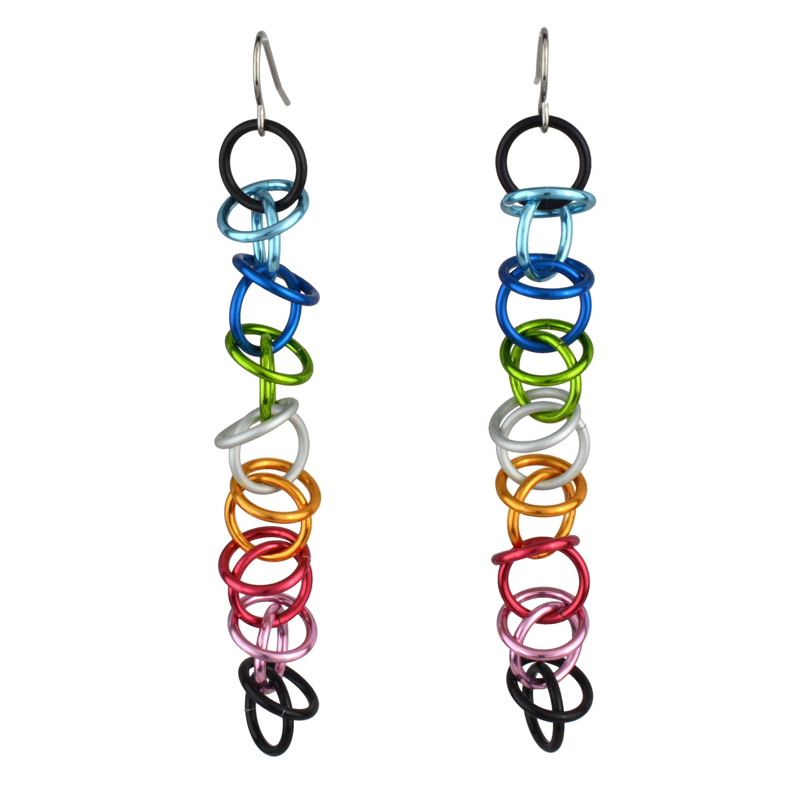 Two individual Queer Pride orbital earrings are presented against a clean white background. Each earring is made up of small, brightly colored aluminum rings linked in a chainmaille design, displaying the Queer Pride flag colors: black, light blue, blue, bright green, white, gold, dark pink, pink, and black. They each feature a simple steel fishhook earwire at the top, clearly showing the structure and color sequence.