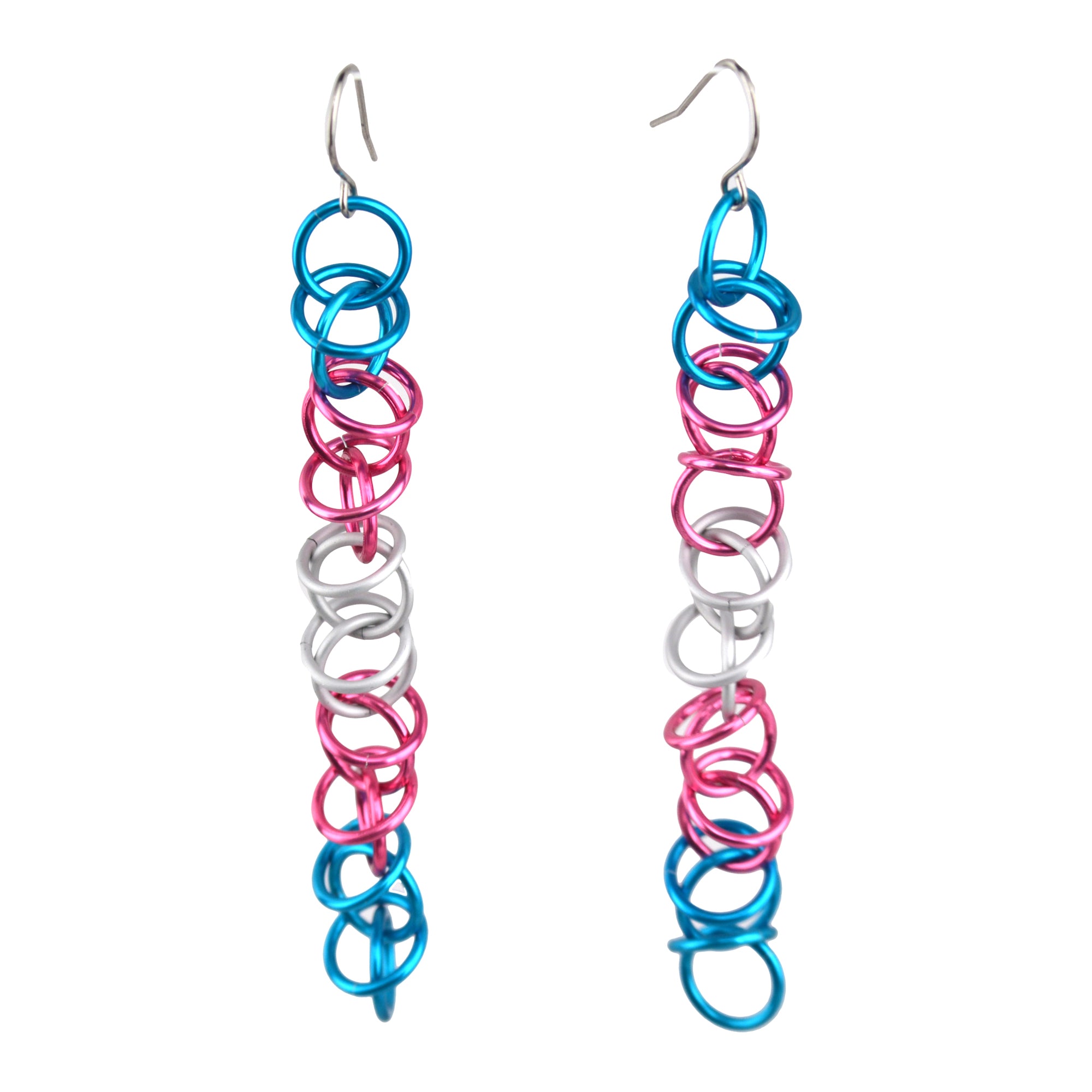 Bright Transgender Pride Earrings: Product shot of long, lightweight chainmaille earrings in bright light blue, bright pink, and white. Isolated on white background.