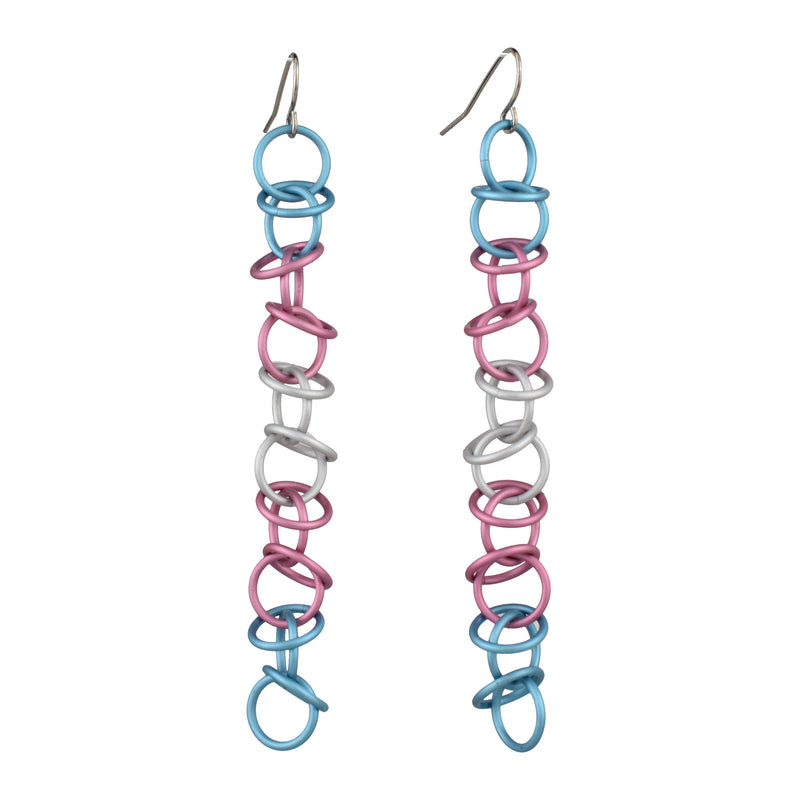 Subtle Transgender Pride Earrings: Product shot of long, lightweight chainmaille earrings with a matte light blue, pink, and white finish. Isolated on white background.