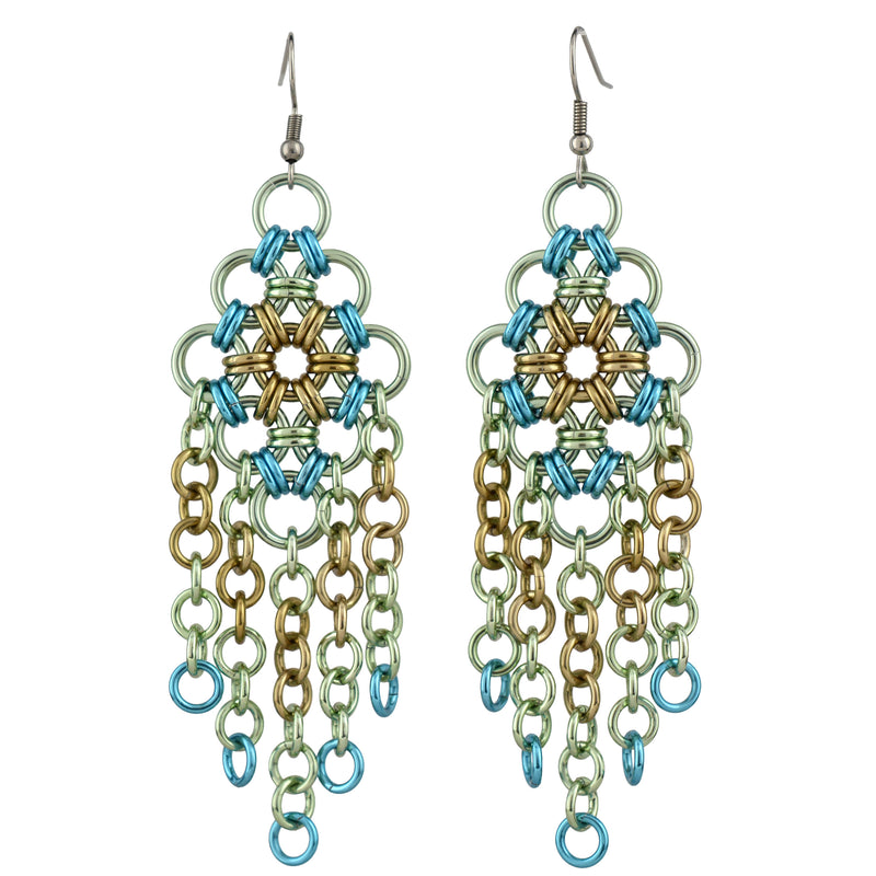 Product shot of a pair of Seashell colorway chainmaille earrings, featuring champagne, seafoam, and light blue links, shown on a clean white background.