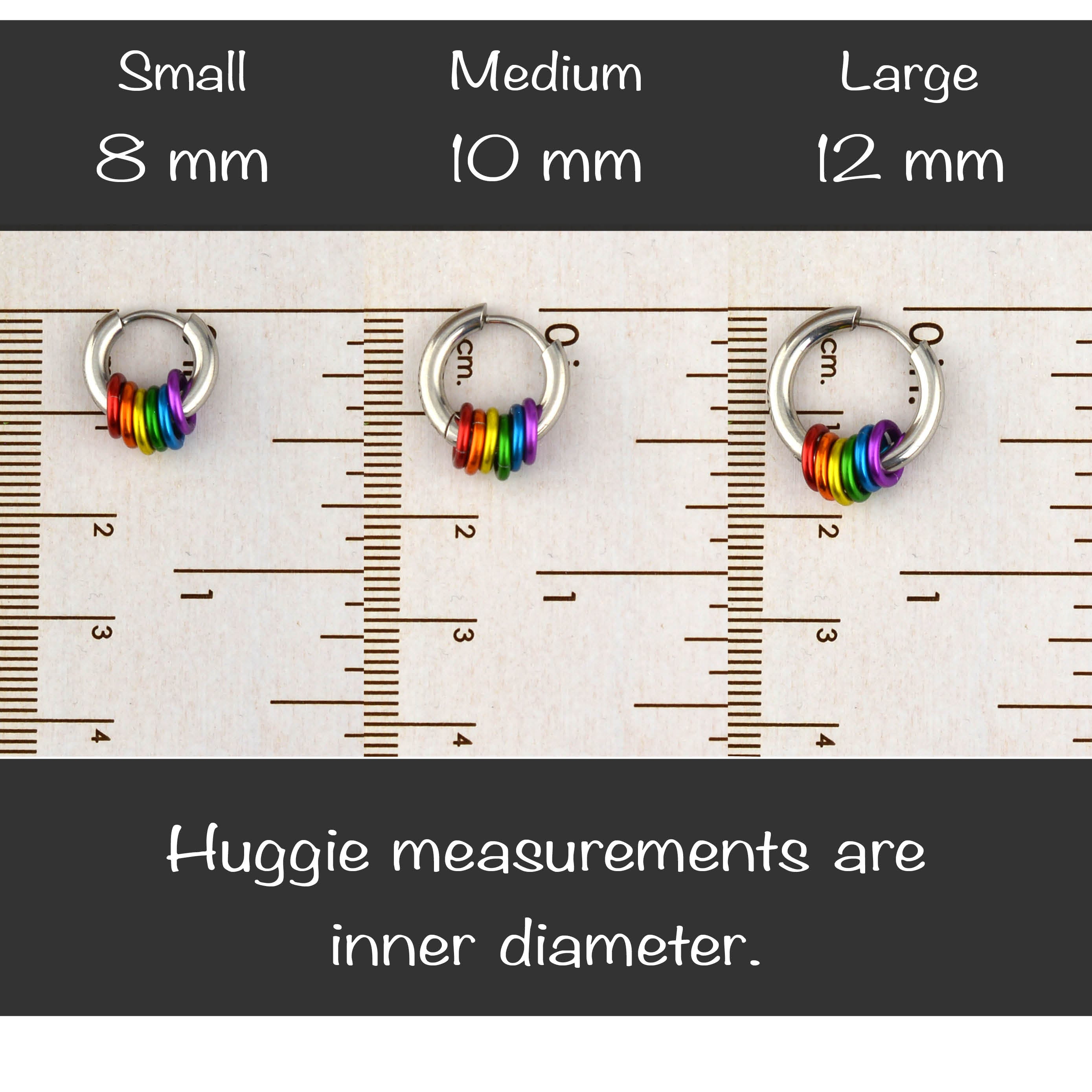 Measurement of the inner diameter of rainbow pride huggie earrings in small 8mm, medium 10mm, and large 12mm using a ruler, with text "Huggie measurements are inner diameter."