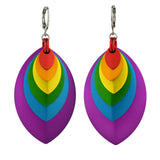 A pair of vibrant rainbow-colored stacked leaf earrings with stainless steel round leverback ear wires, displayed against a plain white background. The leaves are red, orange, yellow, green, light blue, and purple, arranged from smallest to largest with purple as the largest outermost leaf.
