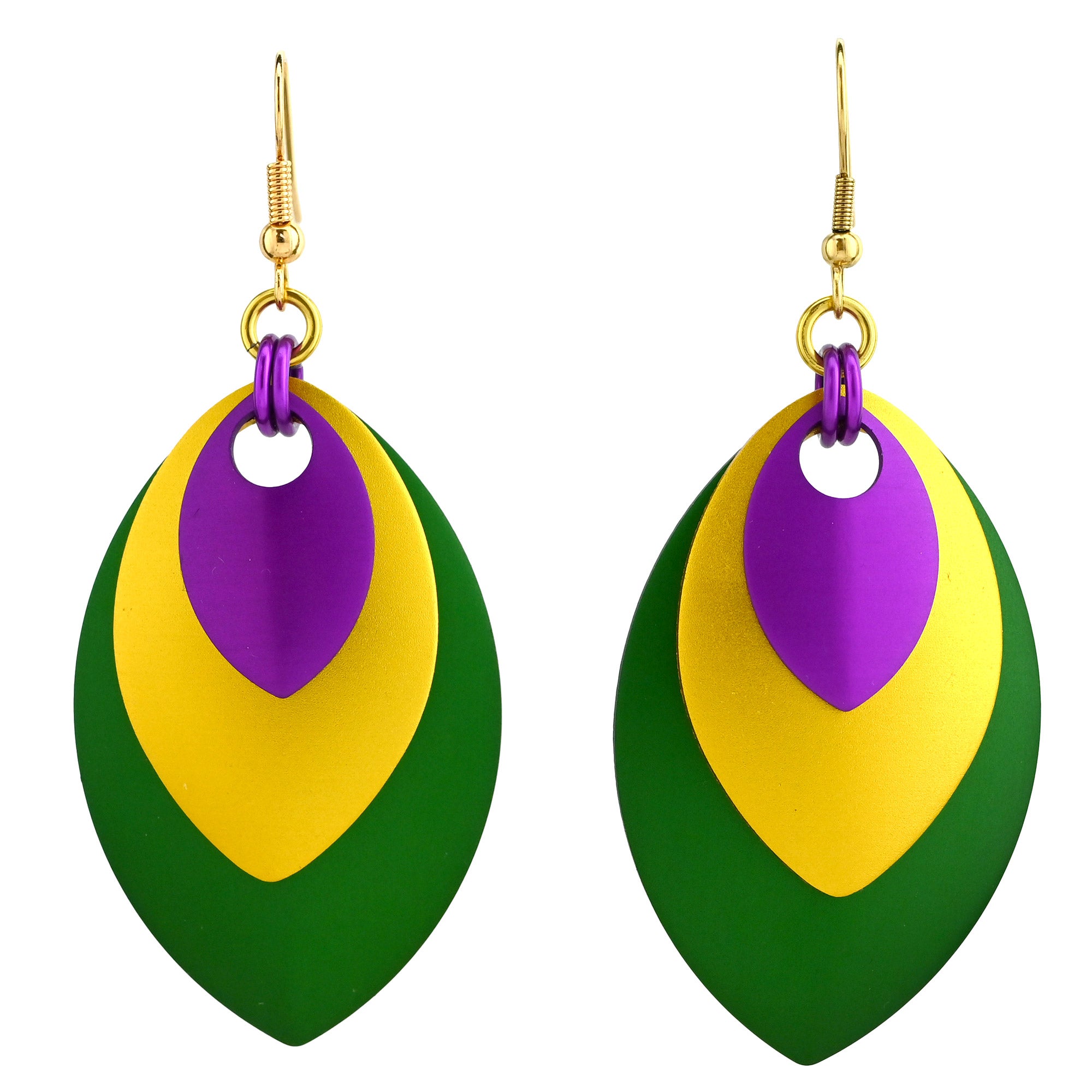 ront-facing product shot of stacked leaf Mardi Gras earrings with gold-toned ear wires on a clean white background.