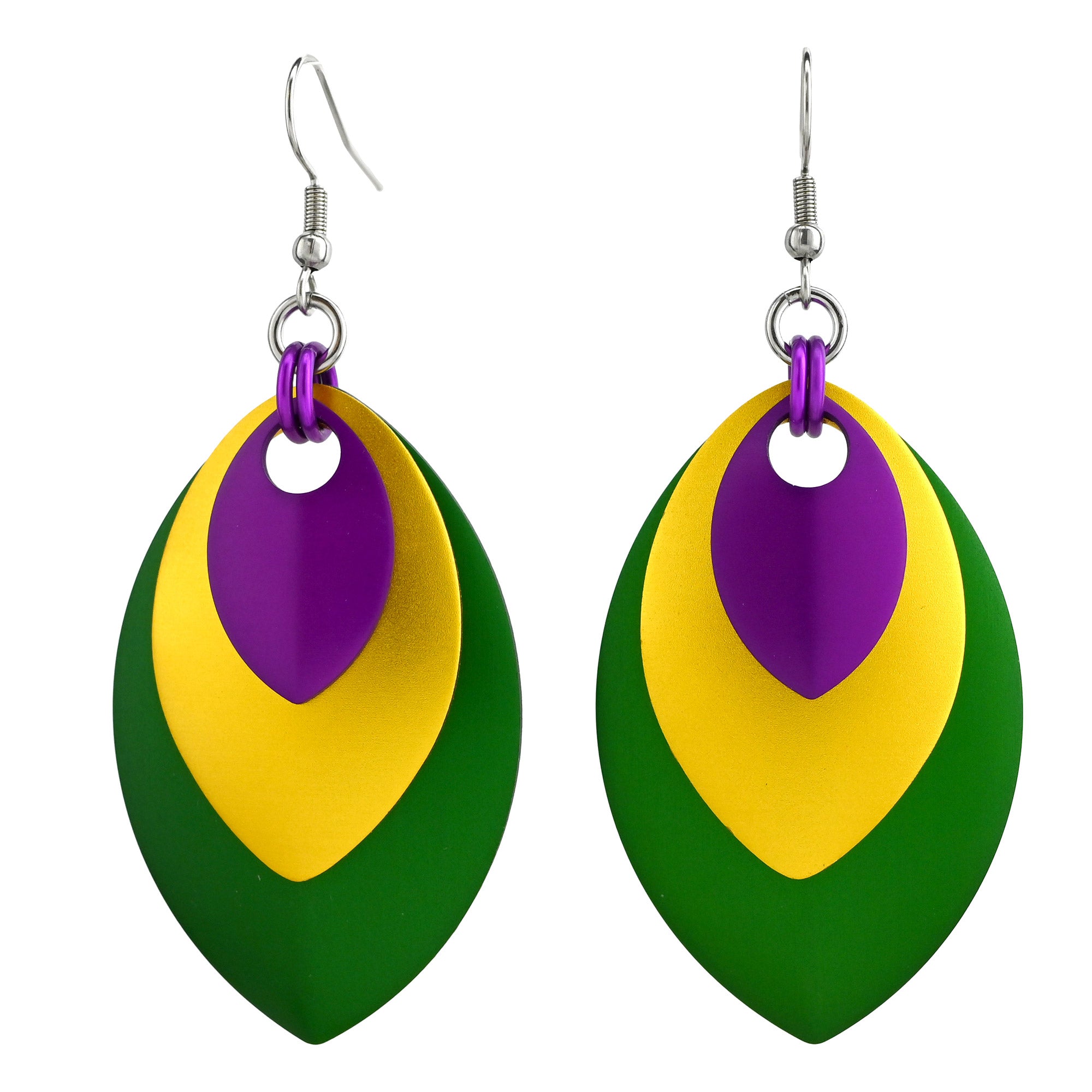 Product shot of nested scalemaille Mardi Gras earrings featuring silver-toned stainless steel ear wires on white.

