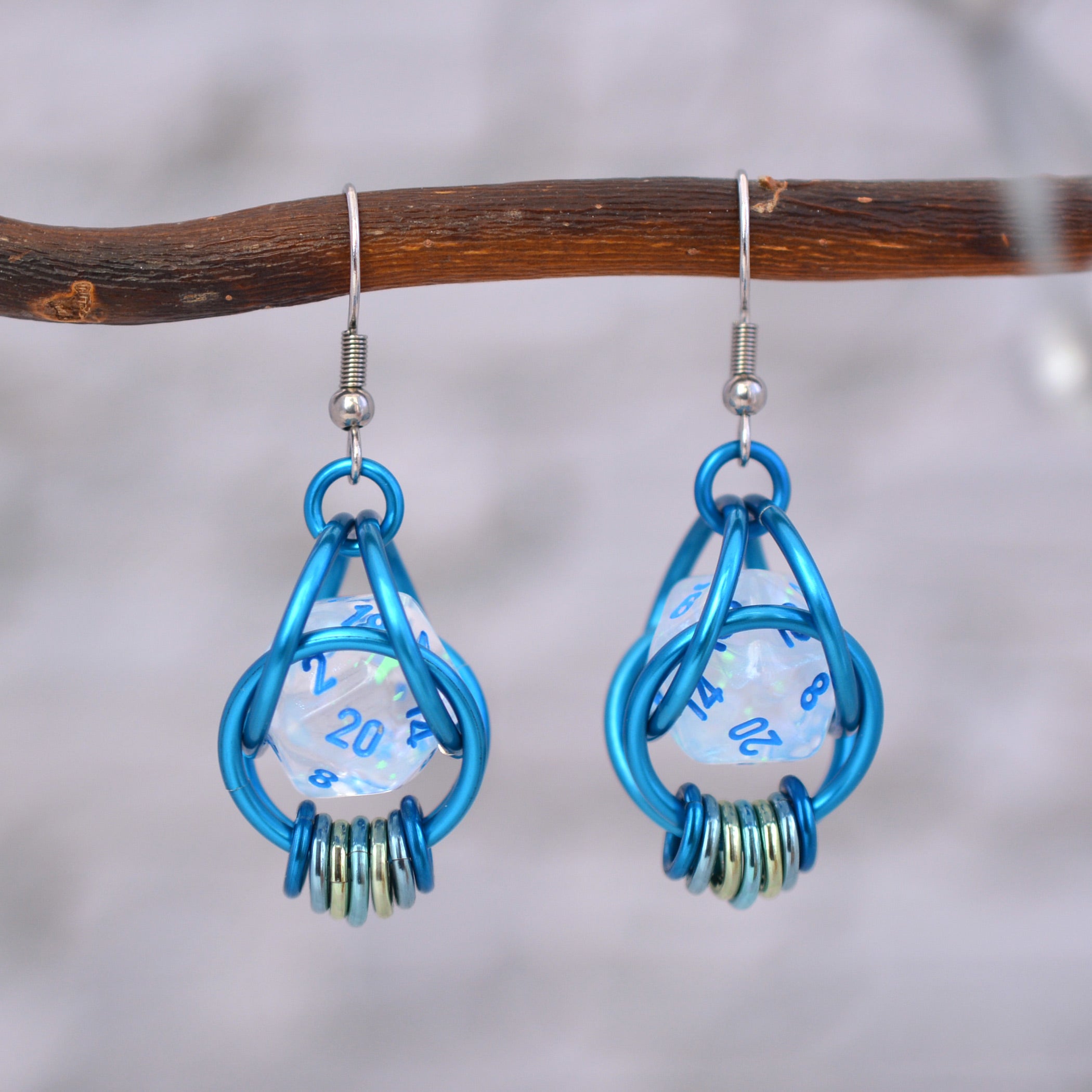 Clear Blue Shimmer UV Reactive d20 Earrings