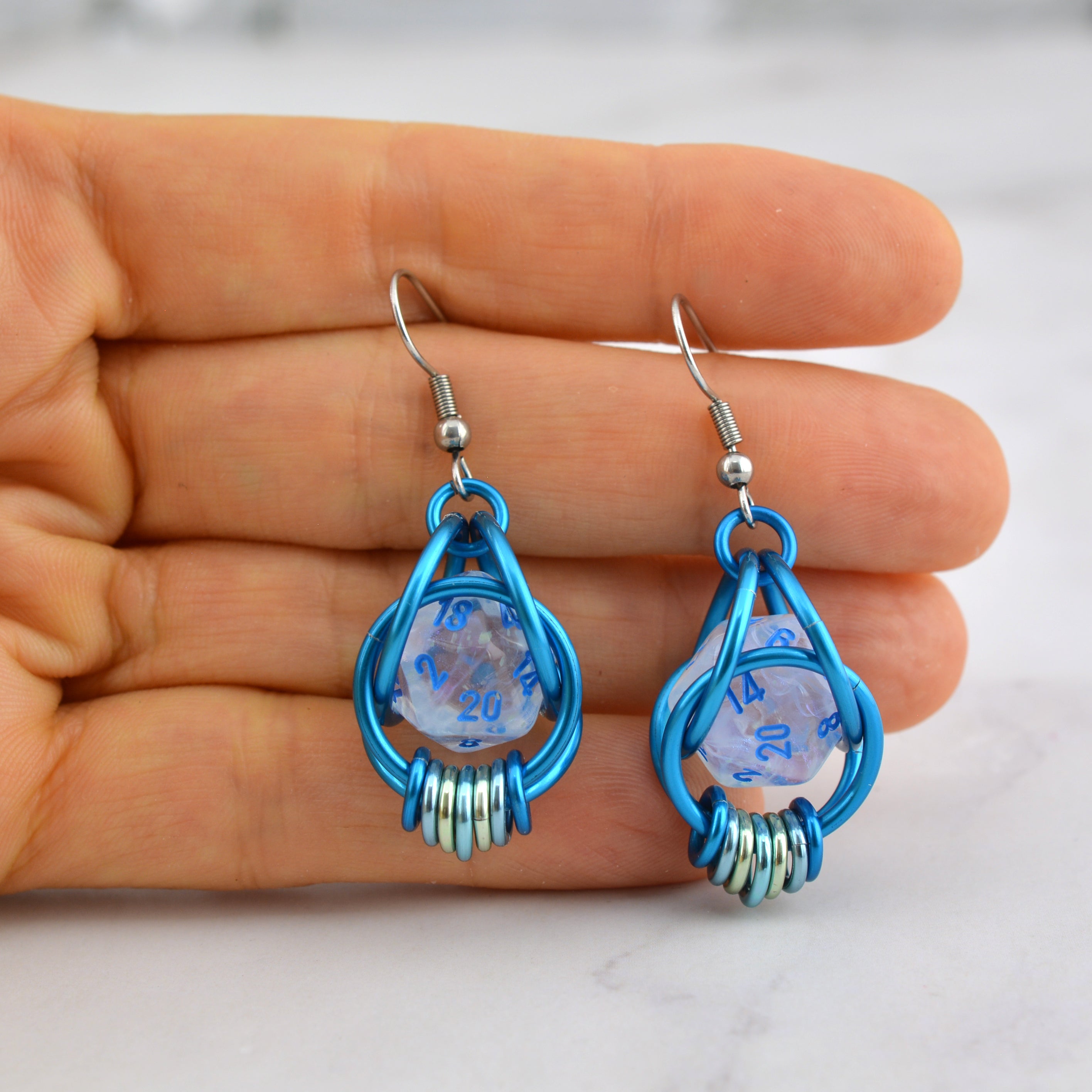 Clear Blue Shimmer UV Reactive d20 Earrings
