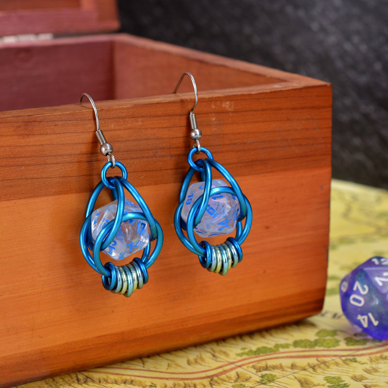 Clear Blue Shimmer UV Reactive d20 Earrings