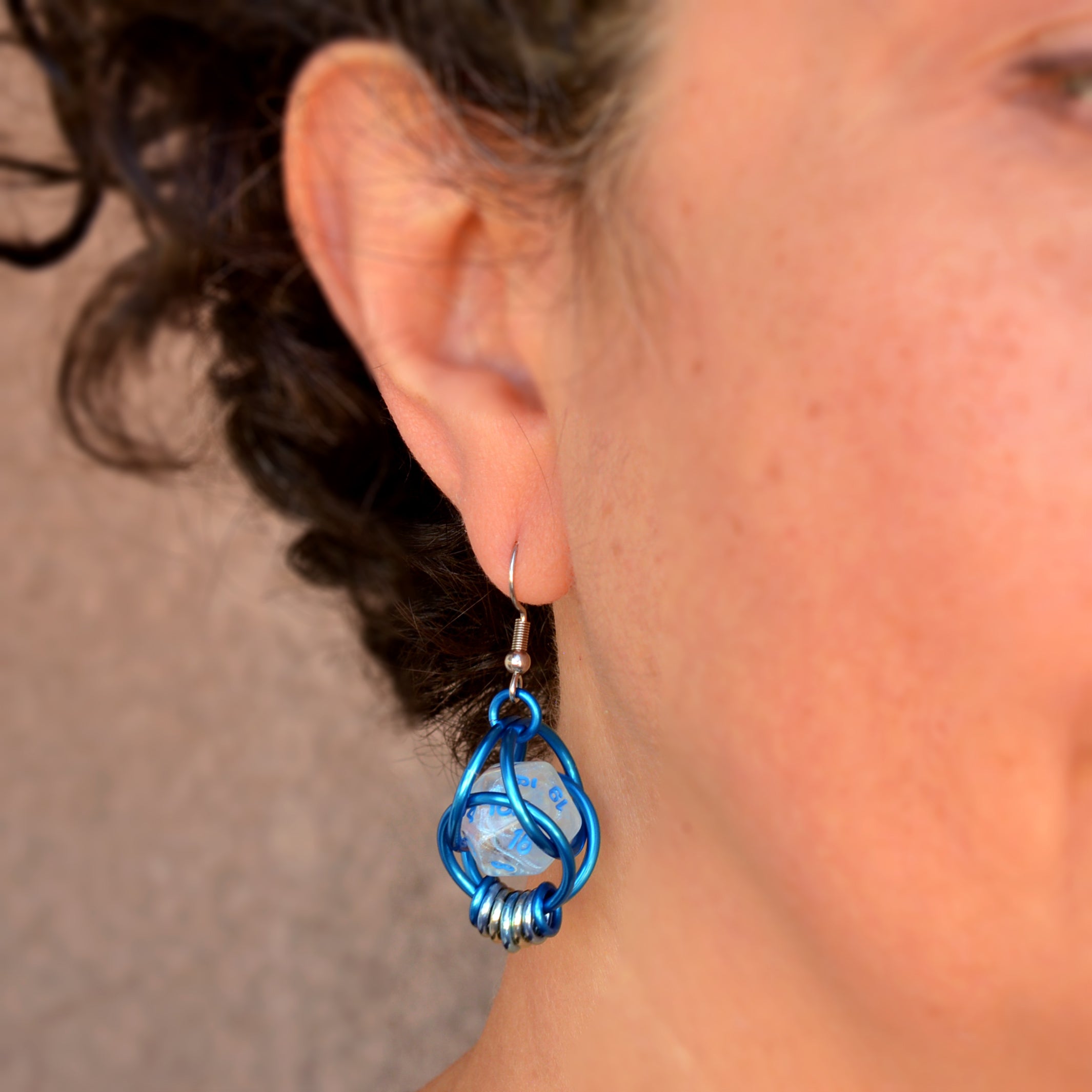 Clear Blue Shimmer UV Reactive d20 Earrings