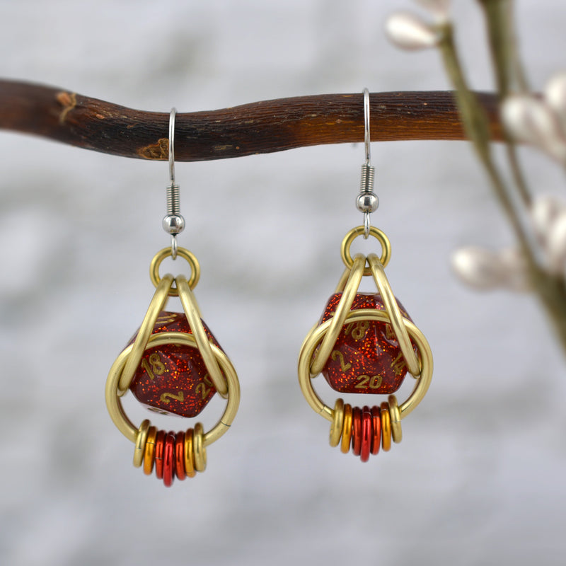 Red Glitter d20 Earring