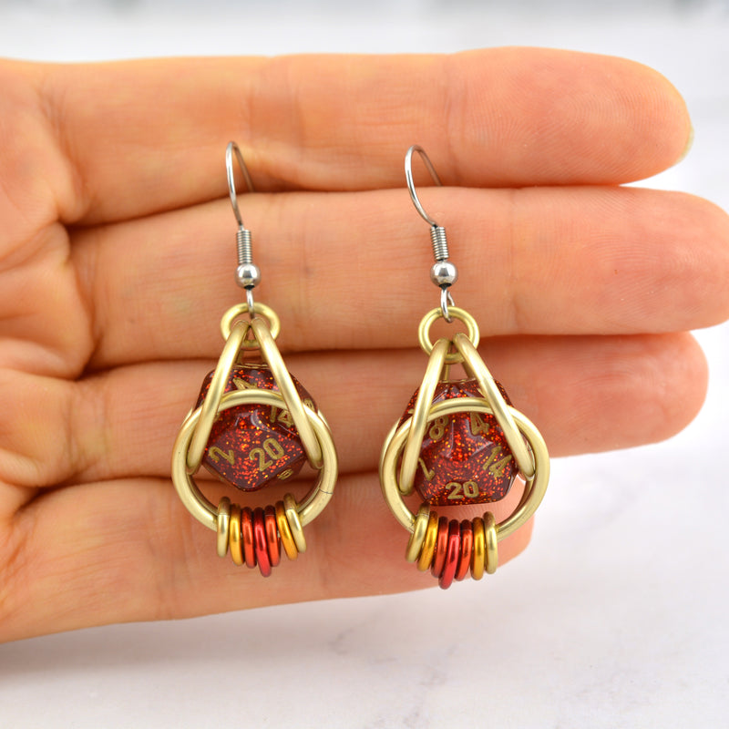 Red Glitter d20 Earring