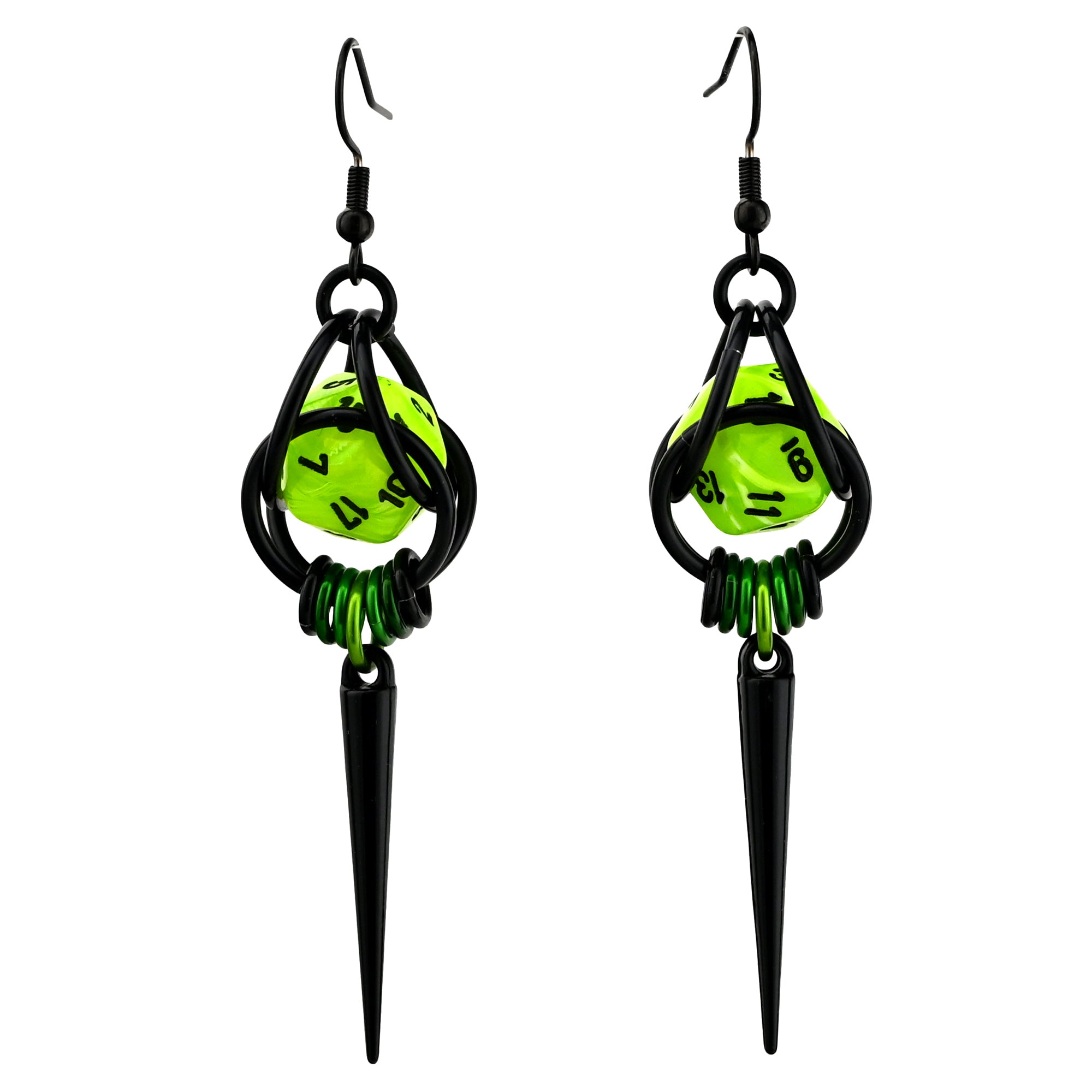 Pair of Neon Toxic Green D20 spike earrings on a white background with black earwires. Marbled chartreuse miniature 20-sided dice are held in black chainmaille cages above long black spikes.