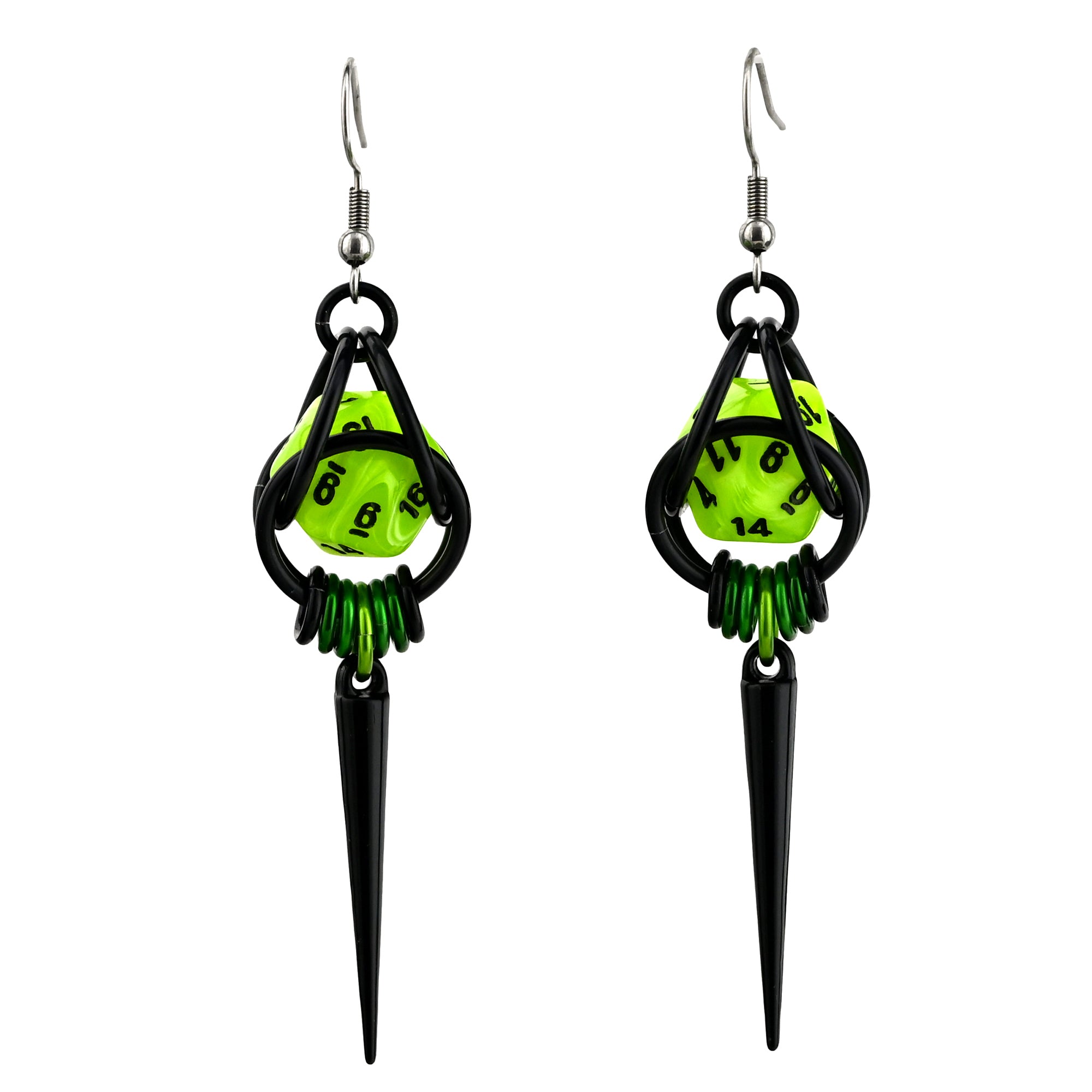 Pair of Neon Toxic Green D20 spike earrings on a white background with silver stainless steel earwires. The neon green dice and black chainmaille create a bold contrast.