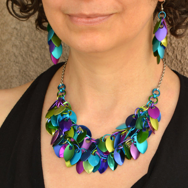 Cascading Leaves Double Strand Necklace - Peacock