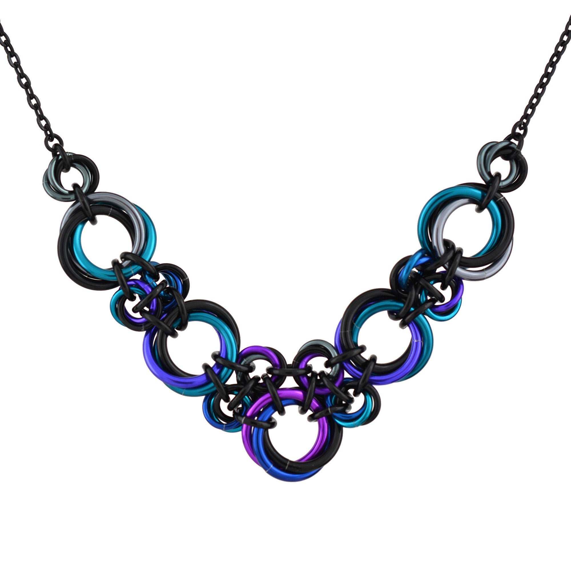 Handcrafted chainmaille V-necklace in iridescent Dark Mermaid (black, grey, teal, purple, blue, violet) on a plain white background.